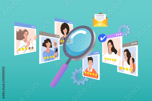 Magnifying glass searching through user profiles with star ratings representing HR recruitment talent acquisition and candidate screening success concept