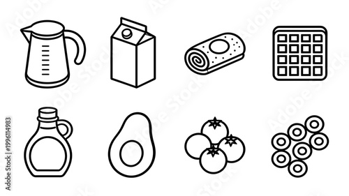 Breakfast Ingredients and Grocery Line Icons Set with Kettle Milk Carton Roll Waffle Syrup Avocado Tomatoes and Blueberries Outlines Collection