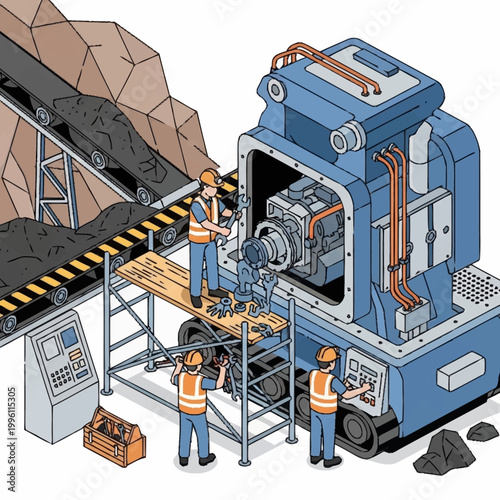 Industrial workers maintain heavy machinery at a coal processing plant.