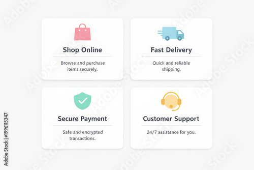 E-commerce service features icons set with online shopping delivery payment and support