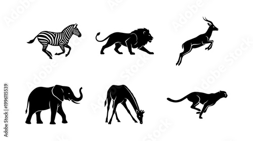 African Safari Animals Silhouette Set, Running Zebra, Lion, Gazelle, Walking Elephant, Giraffe and Cheetah Wildlife Vector Icons Collection
