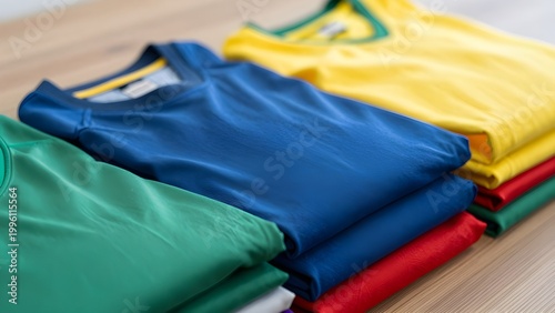 Folded Clothing Display: An appealing, close-up captures a neatly arranged display of colorful folded t-shirts, arranged in a vibrant array of hues, showcasing the textile's patterns.