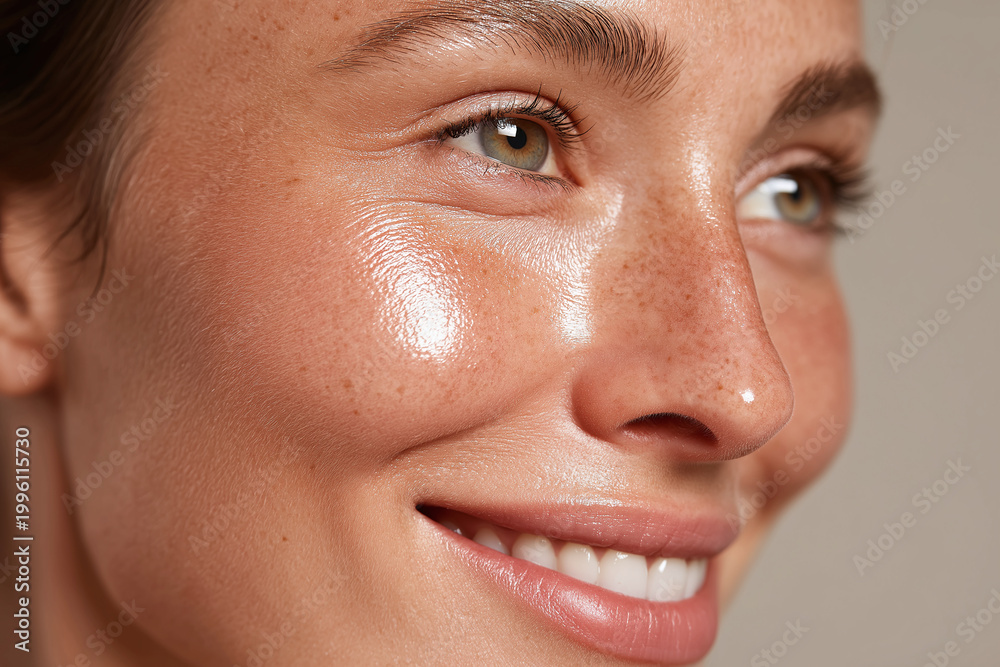 Fototapeta premium Glowing hydrated cheek with visible freckles and smooth skin texture, close up of smiling face with natural makeup and healthy radiance