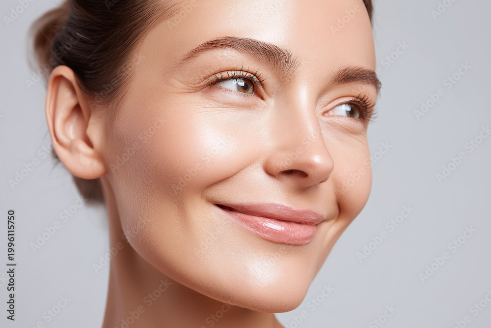 Obraz premium Radiant glowing skin close up luminous complexion soft white light natural makeup gentle smile youthful healthy skin texture serene expression