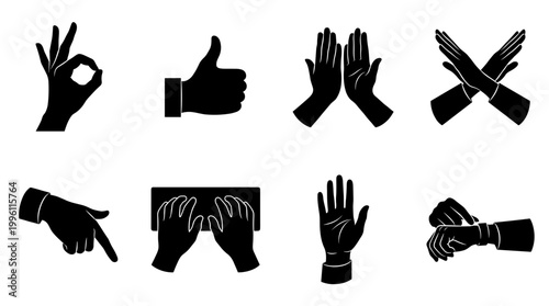 Human Hand Gestures and Actions Silhouette Icons Including OK Sign, Thumbs Up, Clapping, Crossing, Pointing, Typing, Open Palm and Checking Watch Symbols