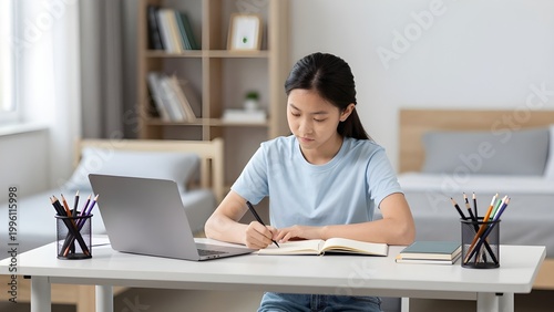 Focused Study: A young person engrossed in their studies, diligently working at a desk, surrounded by the tools of learning. A laptop and notebook in use. 