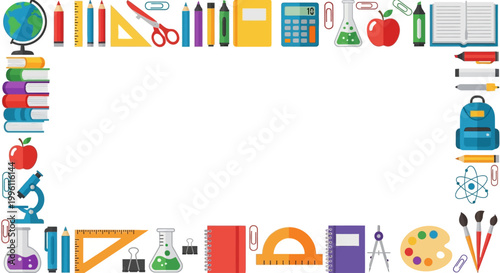 School supplies frame with stationery and education icons on white background