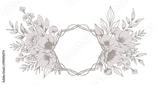 White floral wreath with decorative frame on black background Keywords: white flowers, floral wreath, leaves, decorative frame