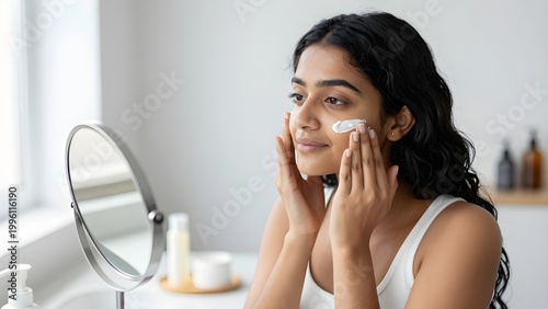 Serene Skincare Ritual: A young woman applies cream to her face, a moment of self-care and beauty, reflecting in a nearby mirror, captured in a moment of peace.