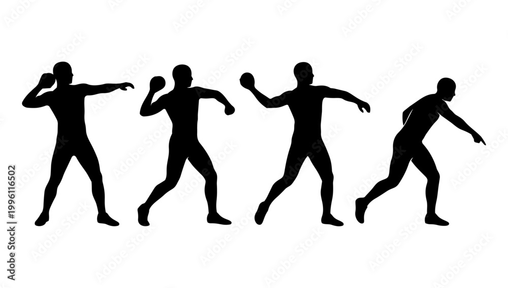 Fototapeta premium Professional Athlete Silhouette Sequence Displaying the Motion and Technique of Shot Put Throw for Sports Competition Design