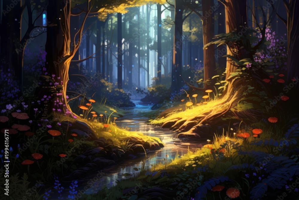 Fototapeta premium Woodland stream flowing through a fantasy forest illuminated by magical light and glowing flora