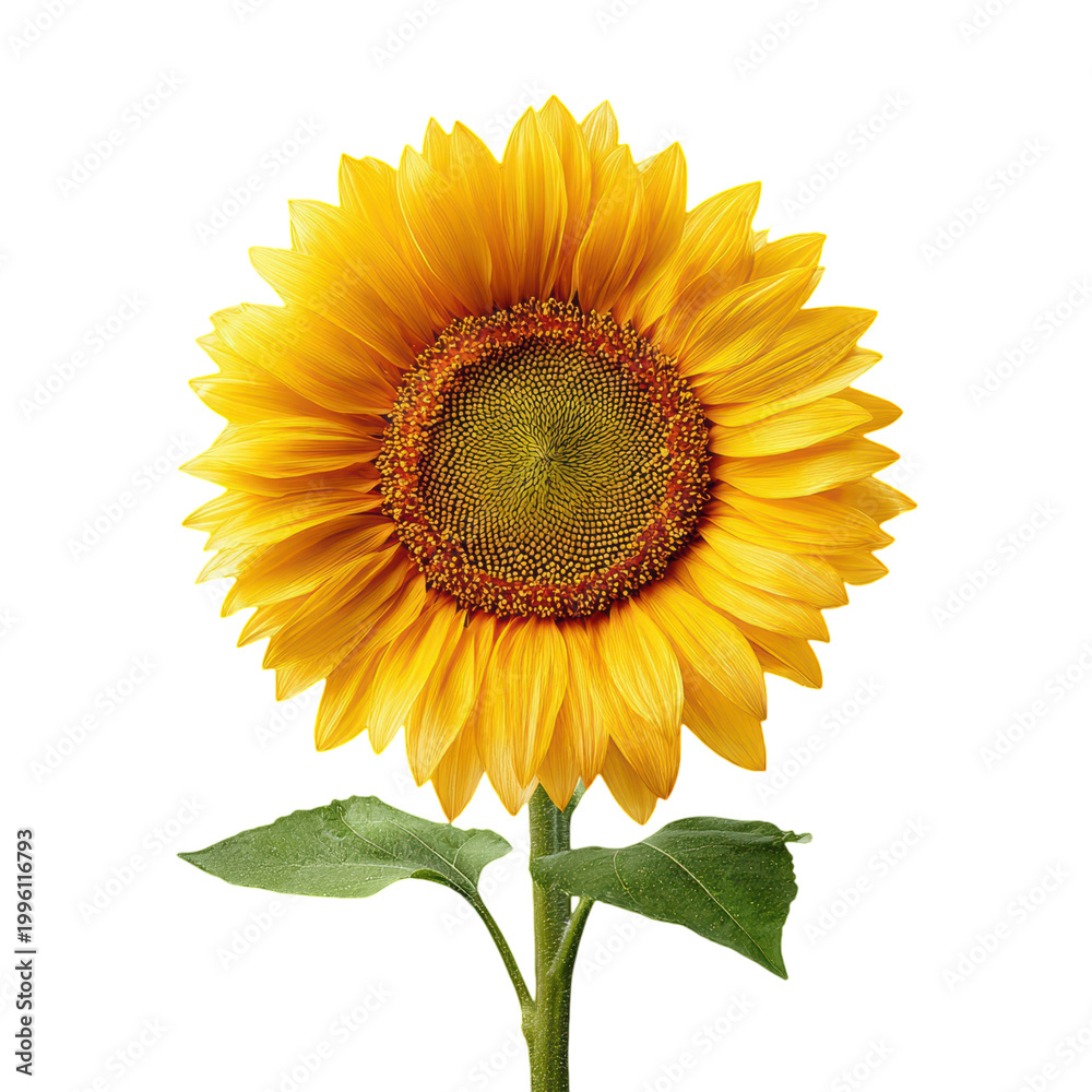 Obraz premium Single Sunflower in Full Bloom Against a Deep white background with Green Stem and Leaves