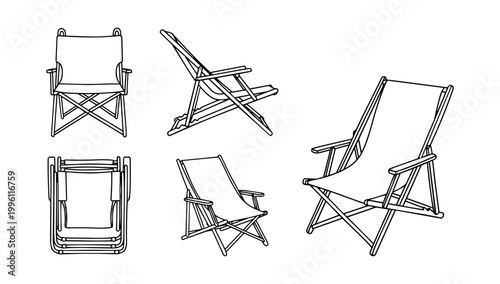 Outdoor Folding Deck Chair and Portable Camping Furniture Collection Shown from Multiple Viewing Angles in Doodle Line Art