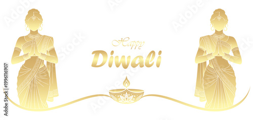 Silhouette vector illustration of two woman carrying diwali diyas	