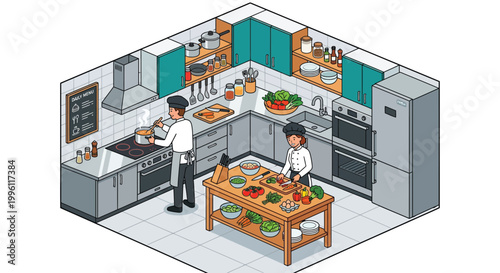 Isometric illustration of two chefs preparing food in a professional kitchen