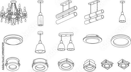 Collection of ceiling light fixtures in line art style, chandelier pendant lamps and modern lighting designs, home interior illumination illustration set