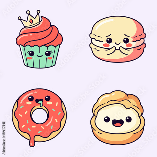 Kawaii Dessert Character Collection with Cute Cupcake Macaron Donut and Cream Puff Isolated on Soft Background Sweet Food Vector Illustration Set