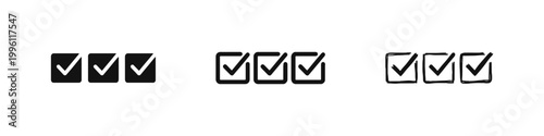 Checkbox icons set with three check marks in different styles isolated on white background