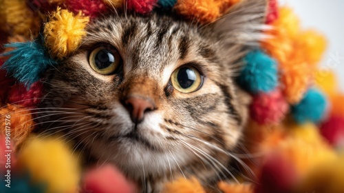 A curious cat's face peeks through a vibrant arrangement of colorful pom poms, creating a lively and playful atmosphere that showcases feline charm and curiosity.