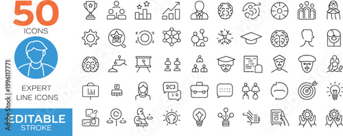 Set of 50 expert line icons for business analytics, user profiles, education, network, strategy, target goals, editable stroke vector collection
