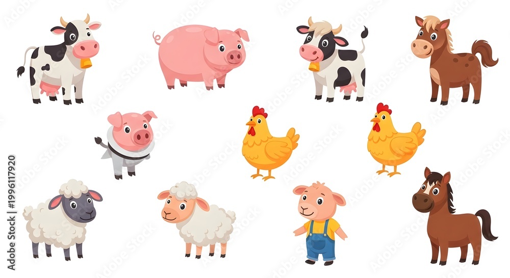 Fototapeta premium Collection of Cute Farm Animals and Children on White Background.