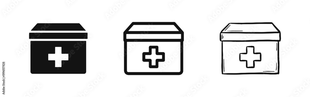 Obraz premium First aid kit box icons set with medical cross in three different styles isolated on white