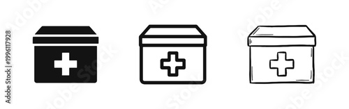 First aid kit box icons set with medical cross in three different styles isolated on white