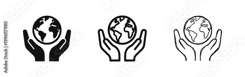 Hands holding earth globe icons set for environment care in three different styles on white