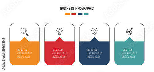 Business Infographic design template Vector with icons and 4 four options or steps. Can be used for process diagram, presentations, workflow layout, banner. Vector infographic label template with icon