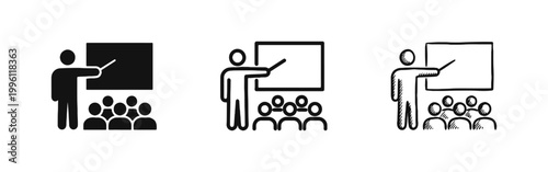 Presentation and lecture icon set, teacher pointing at board to audience, solid, outline and sketch styles