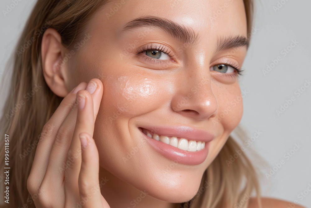 Obraz premium Glowing woman applying facial serum to cheek, close up skin care routine with smile and natural makeup, healthy hydrated skin texture and beauty lifestyle shot