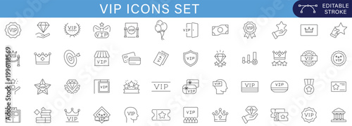 VIP icons set luxury premium badge crown exclusive membership award elite access label diamond privilege symbol collection business quality service vector editable stroke