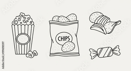 Hand Drawn Snacks Collection Popcorn Chips Candy.