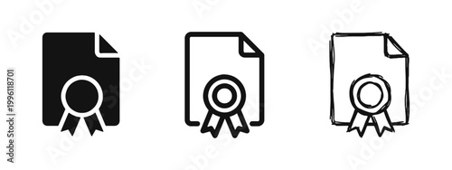 Certificate icon set, diploma with medal seal, document award, solid, outline and hand-drawn sketch styles