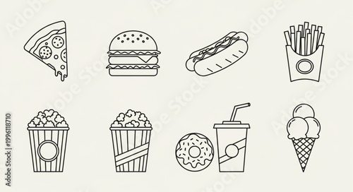 Collection of fast food icons in a simple line drawing style.