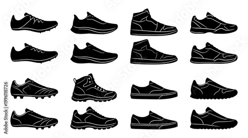 Sport Shoes and Sneakers Silhouette Icons Collection, Professional Athletic Footwear for Running, Basketball, Soccer and Outdoor Hiking Vector Set