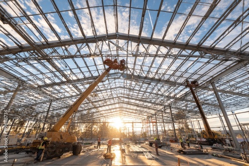 Construction of a large industrial building with cranes and sunlight.