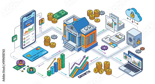 Digital banking and financial technology concepts illustrated in isometric design