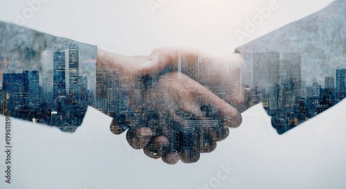 Double Exposure of Business People Shaking Hands with Cityscape Overlay.