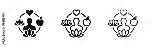 Wellness and health icon set, meditation, healthy lifestyle and nutrition, solid, outline and sketch styles