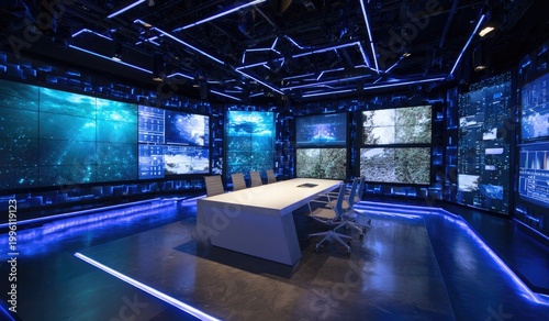 Futuristic Command Center with Immersive Digital Displays and Conference Table.