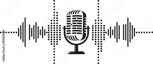 Professional vintage microphone silhouette vector illustration featuring dynamic digital sound waves and audio equalizer levels for podcasting music recording and radio broadcasting studio concepts.