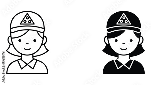 A simple black and white illustration of two cartoon characters wearing hats with a triangular logo