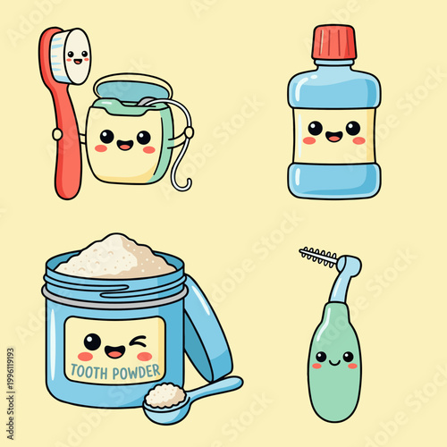 Dental Care and Oral Hygiene Tools Collection Featuring Toothbrush Dental Floss Mouthwash Tooth Powder and Interdental Brush Cute Kawaii Vector