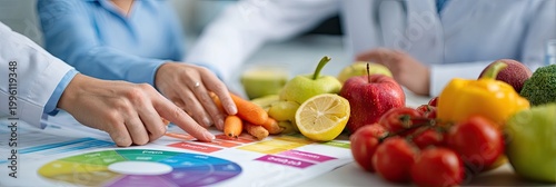 Nutritionists examining colorful fruits and vegetables for healthy eating plan.
