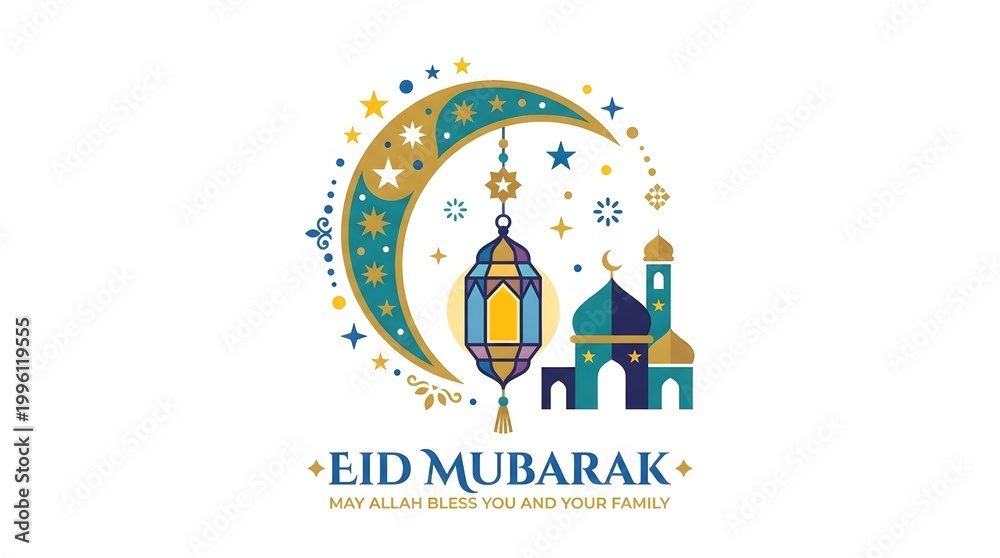 Fototapeta premium Eid Mubarak greeting card with crescent moon and mosque illustration