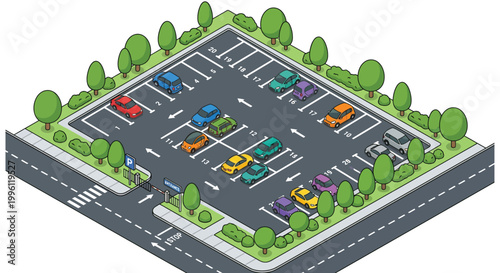 Isometric illustration of a parking lot with several parked vehicles