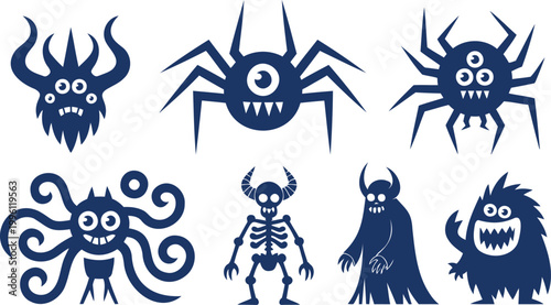 Collection of six stylized dark blue monsters and creatures on white