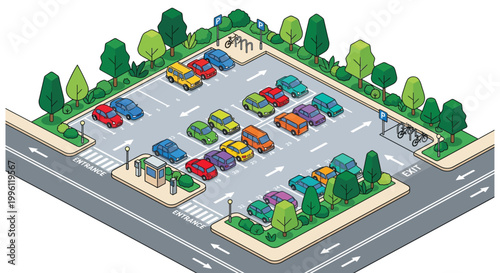 Isometric illustration of a colorful parking lot with various vehicles
