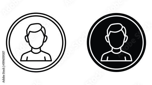 A simple black and white illustration of two identical male avatars in circular icons